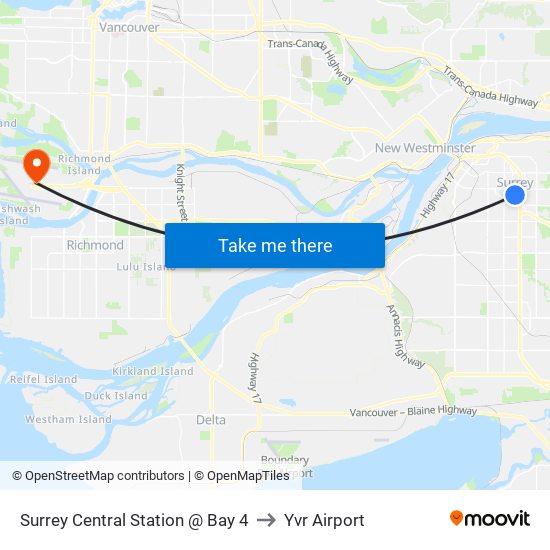 Surrey Central Station @ Bay 4 to Yvr Airport map