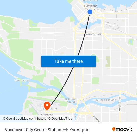 Vancouver City Centre Station to Yvr Airport map