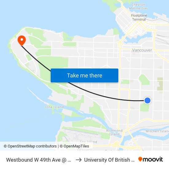 Westbound W 49th Ave @ Manitoba St to University Of British Columbia map