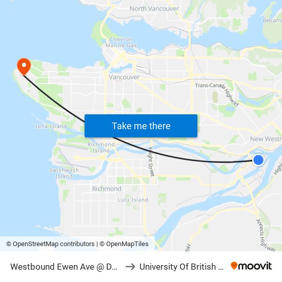 Westbound Ewen Ave @ Derwent Way to University Of British Columbia map