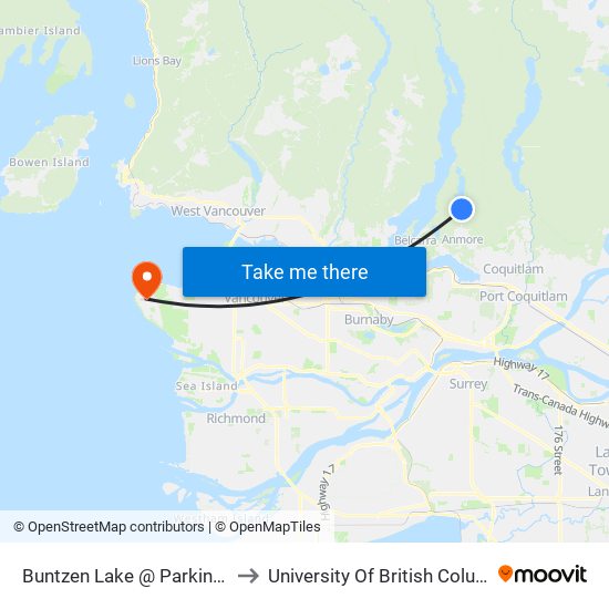 Buntzen Lake @ Parking Lot to University Of British Columbia map
