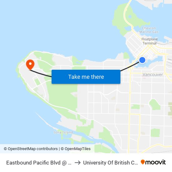 Eastbound Pacific Blvd @ Homer St to University Of British Columbia map