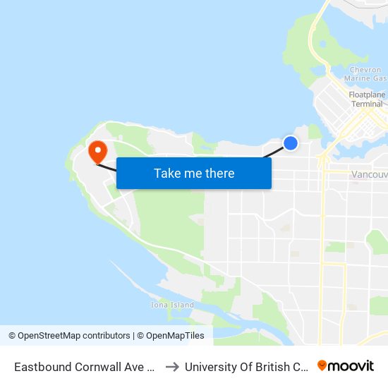 Eastbound Cornwall Ave @ Yew St to University Of British Columbia map