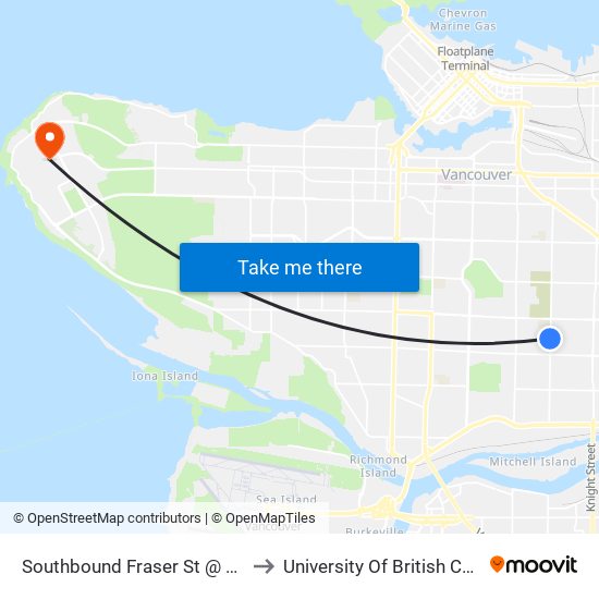 Southbound Fraser St @ E 45 Ave to University Of British Columbia map