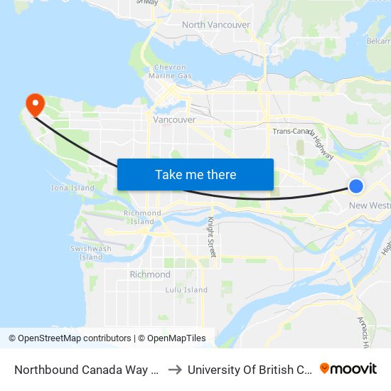 Northbound Canada Way @ 16 Ave to University Of British Columbia map