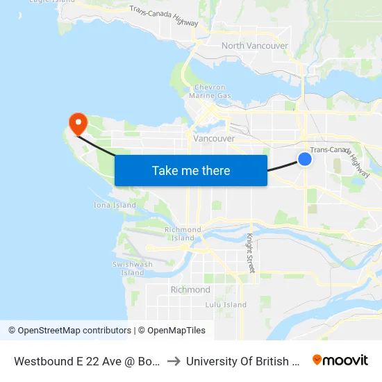 Westbound E 22 Ave @ Boundary Rd to University Of British Columbia map