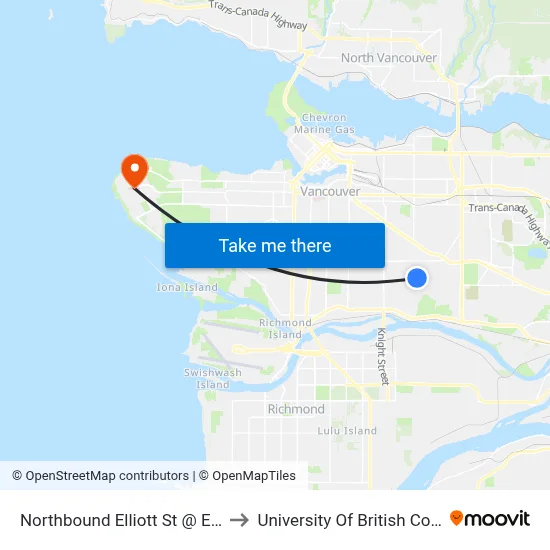 Northbound Elliott St @ E 49 Ave to University Of British Columbia map