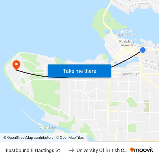Eastbound E Hastings St @ Main St to University Of British Columbia map