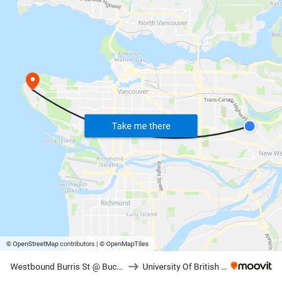 Westbound Burris St @ Buckingham Ave to University Of British Columbia map