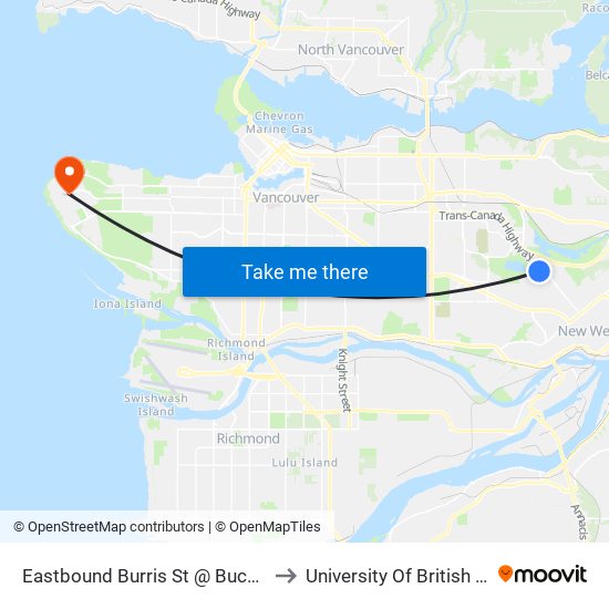 Eastbound Burris St @ Buckingham Ave to University Of British Columbia map