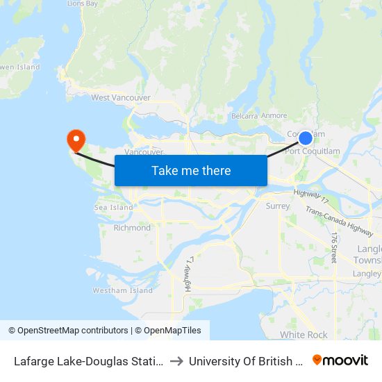 Lafarge Lake-Douglas Station @ Bay 3 to University Of British Columbia map