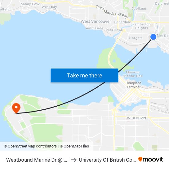 Westbound Marine Dr @ Fell Ave to University Of British Columbia map