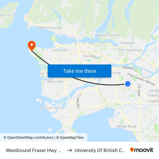 Westbound Fraser Hwy @ 156 St to University Of British Columbia map