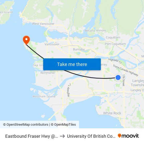 Eastbound Fraser Hwy @ 164 St to University Of British Columbia map