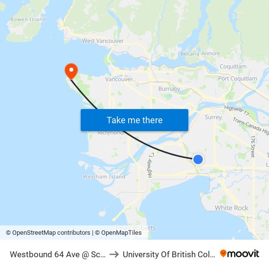 Westbound 64 Ave @ Scott Rd to University Of British Columbia map