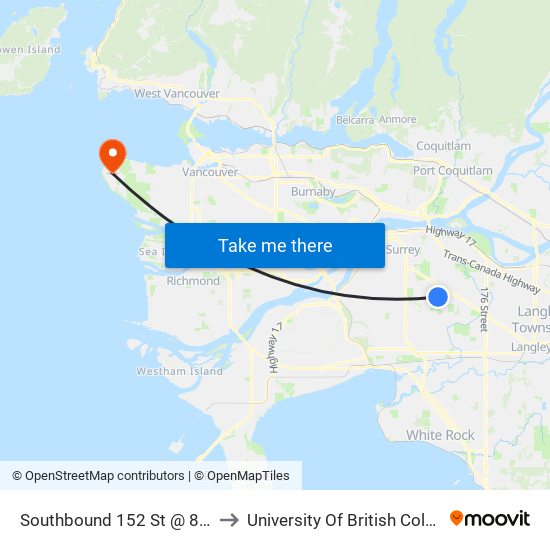 Southbound 152 St @ 84 Ave to University Of British Columbia map