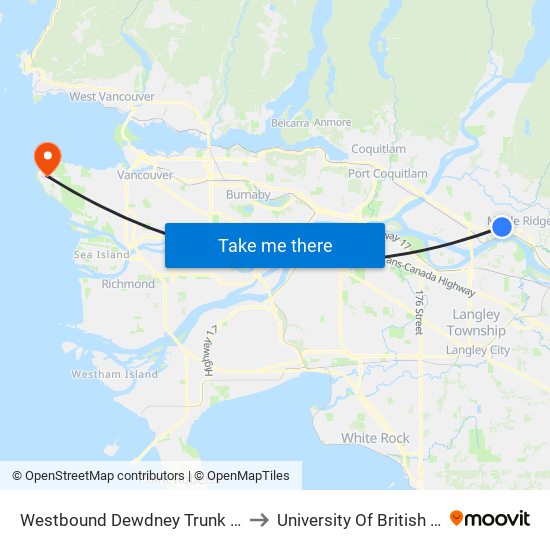 Westbound Dewdney Trunk Rd @ 216 St to University Of British Columbia map