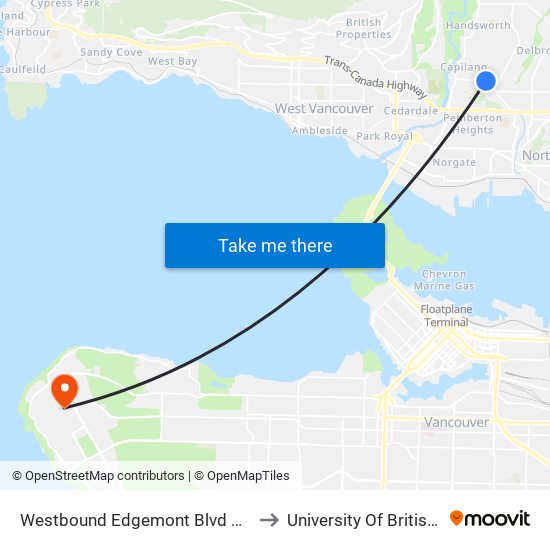 Westbound Edgemont Blvd @ Ridgewood Dr to University Of British Columbia map