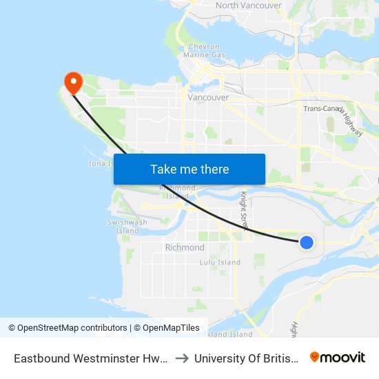 Eastbound Westminster Hwy @ Nelson Rd to University Of British Columbia map