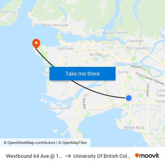 Westbound 64 Ave @ 144 St to University Of British Columbia map