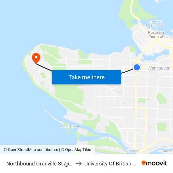 Northbound Granville St @ W 10 Ave to University Of British Columbia map
