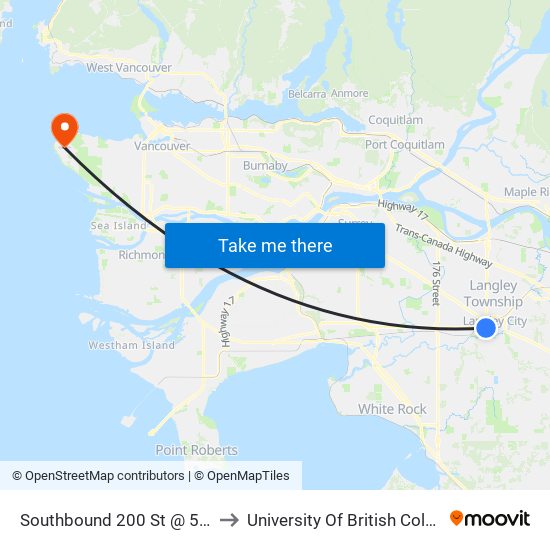 Southbound 200 St @ 56 Ave to University Of British Columbia map