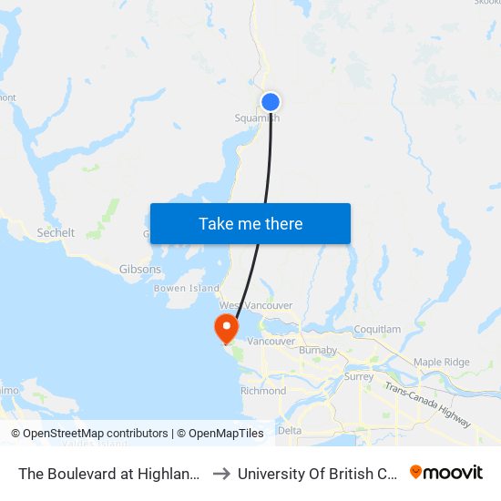 The Boulevard at Highlands Way S to University Of British Columbia map