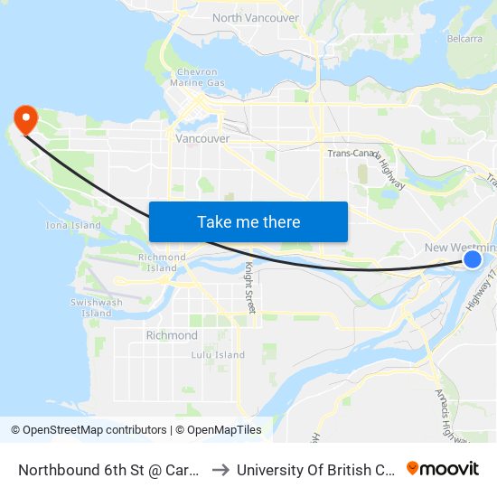 Northbound 6th St @ Carnarvon St to University Of British Columbia map