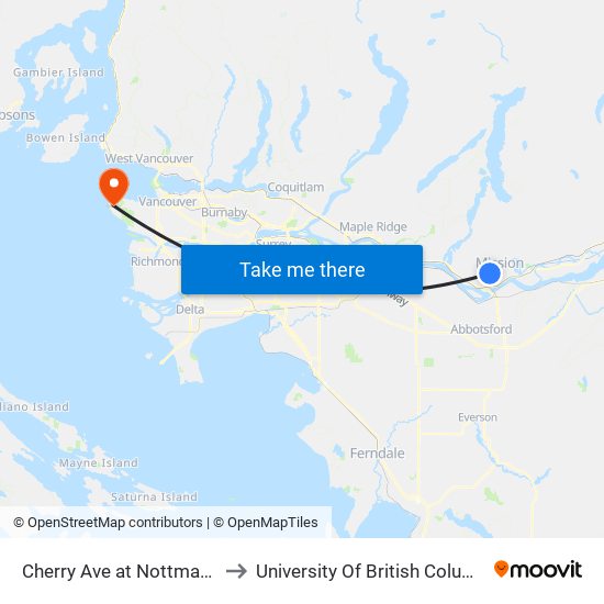 Cherry Ave at Nottman St to University Of British Columbia map