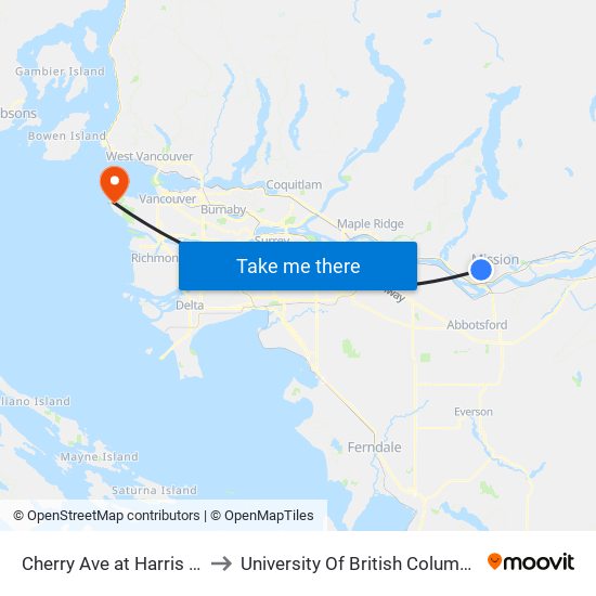 Cherry Ave at Harris St to University Of British Columbia map