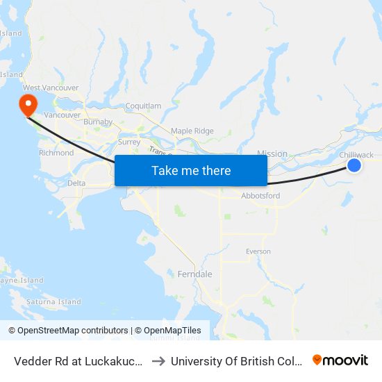 Vedder Rd at Luckakuck Way to University Of British Columbia map