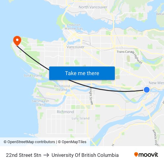 22nd Street Stn to University Of British Columbia map