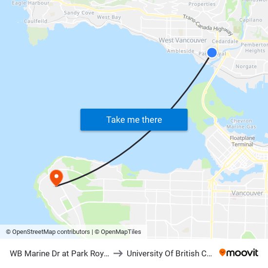 WB Marine Dr at Park Royal North to University Of British Columbia map