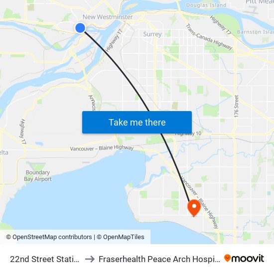 22nd Street Station to Fraserhealth Peace Arch Hospital map