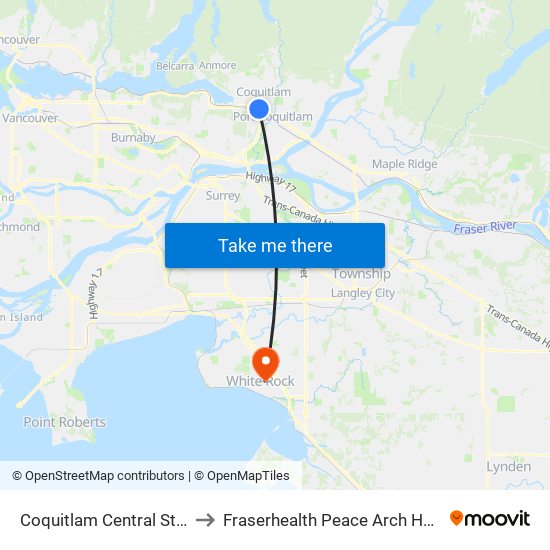 Coquitlam Central Station to Fraserhealth Peace Arch Hospital map