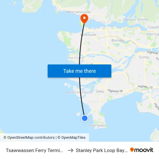 Tsawwassen Ferry Terminal to Stanley Park Loop Bay 2 map