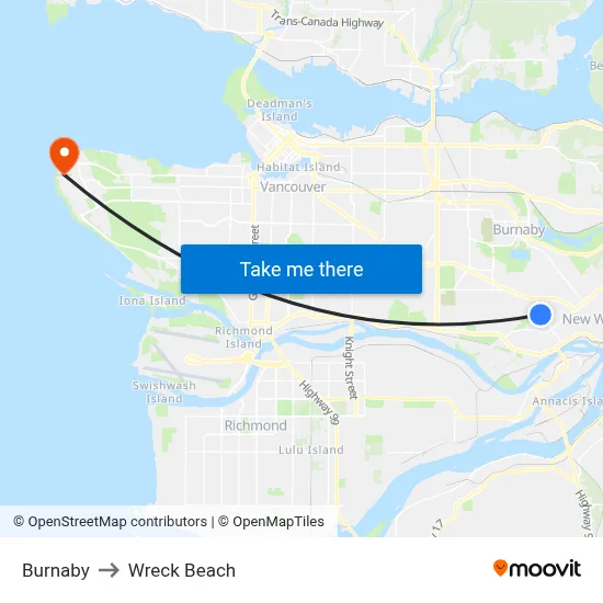 Burnaby to Wreck Beach map