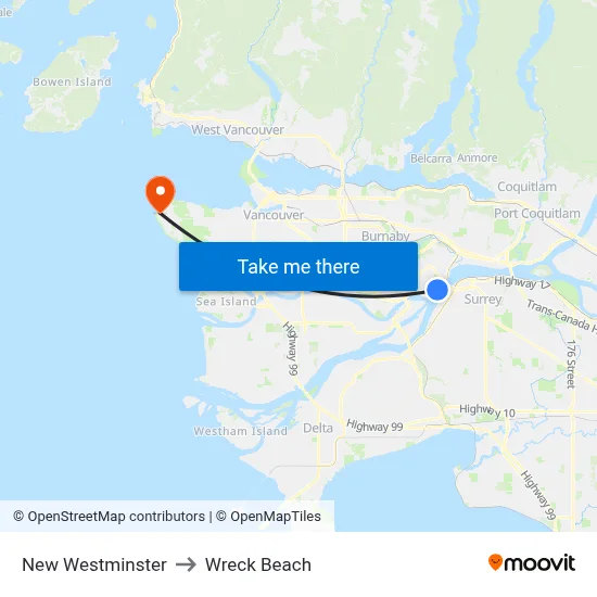 New Westminster to Wreck Beach map