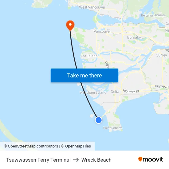 Tsawwassen Ferry Terminal to Wreck Beach map