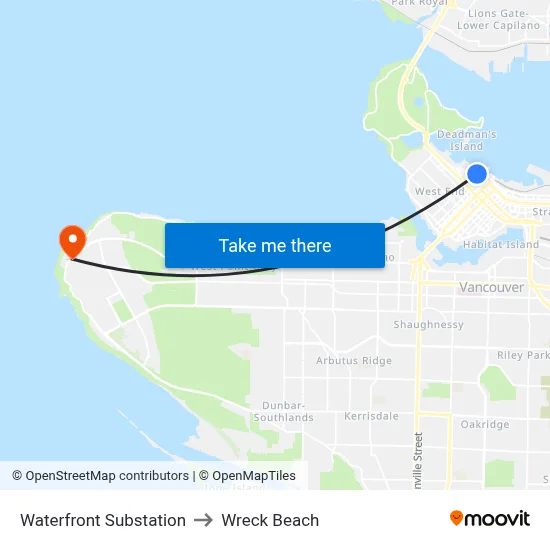 Waterfront Substation to Wreck Beach map