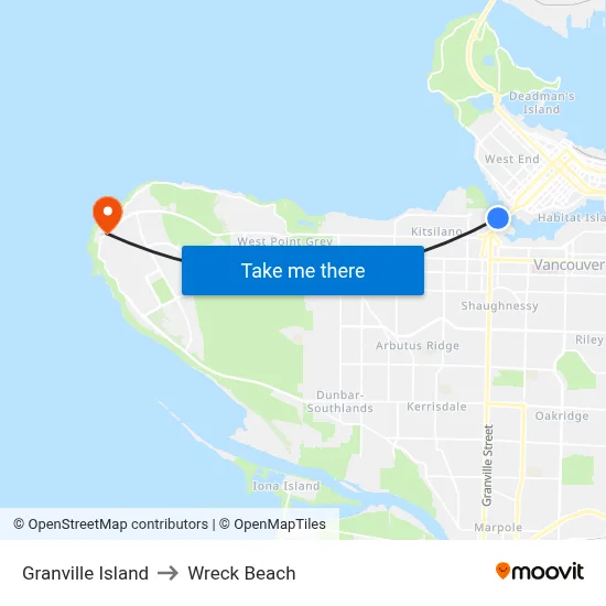 Granville Island to Wreck Beach map