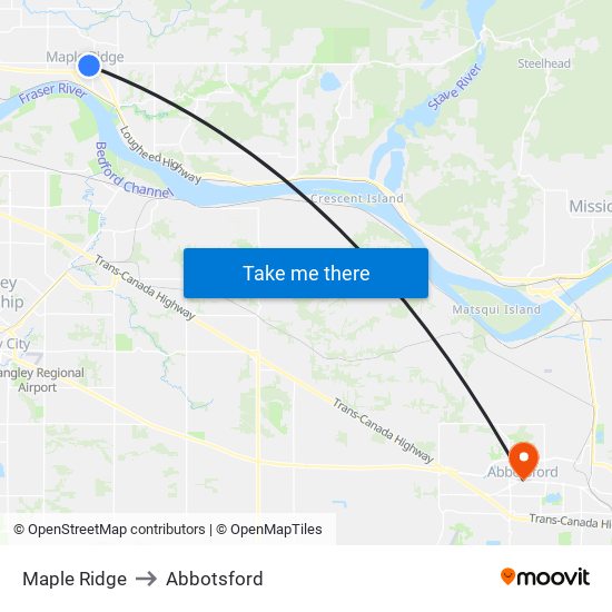 Maple Ridge to Abbotsford map