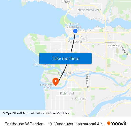 Eastbound W Pender St @ Seymour St to Vancouver Internatonal Airport - South Terminal map