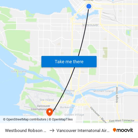 Westbound Robson St @ Hamilton St to Vancouver Internatonal Airport - South Terminal map