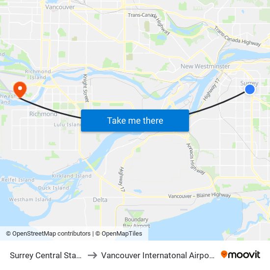 Surrey Central Station @ Bay 9 to Vancouver Internatonal Airport - South Terminal map