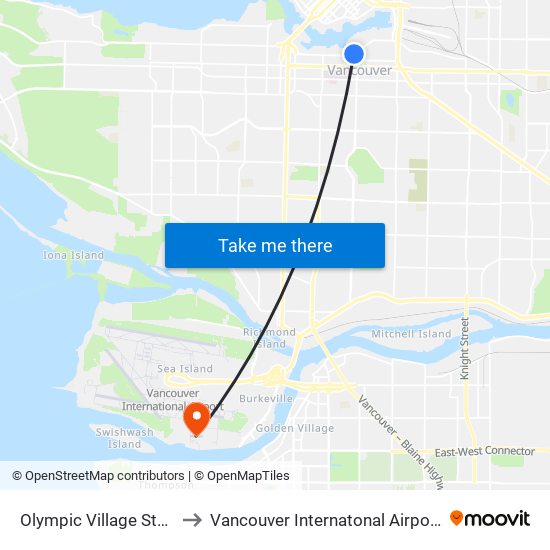 Olympic Village Station @ Bay 1 to Vancouver Internatonal Airport - South Terminal map