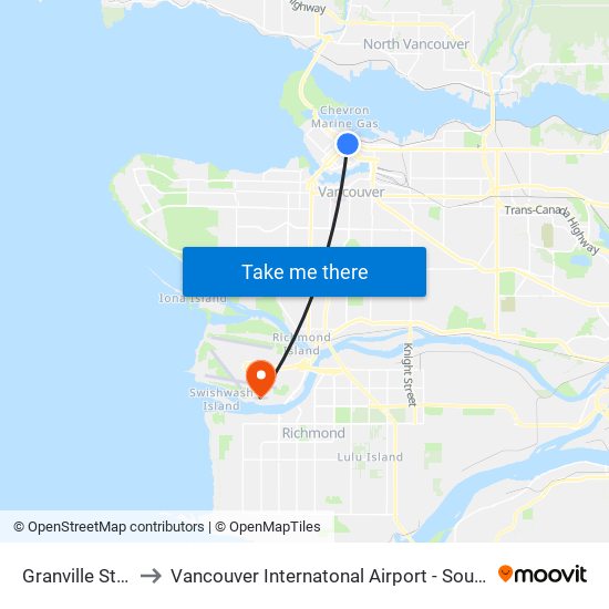 Granville Station to Vancouver Internatonal Airport - South Terminal map