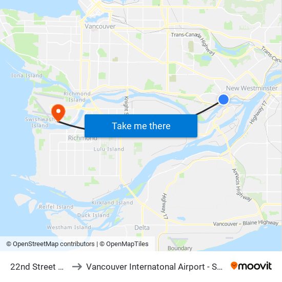 22nd Street Station to Vancouver Internatonal Airport - South Terminal map