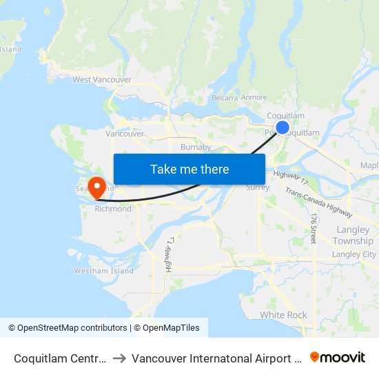 Coquitlam Central Station to Vancouver Internatonal Airport - South Terminal map