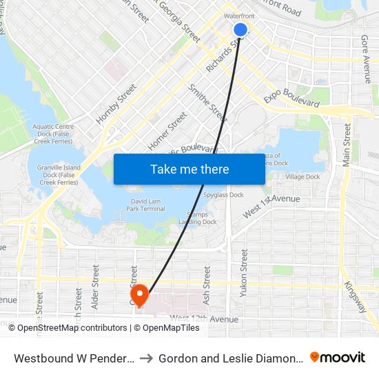 Westbound W Pender St @ Seymour St to Gordon and Leslie Diamond Health Care Centre map